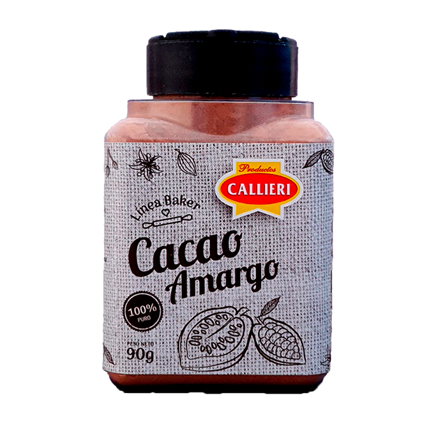 Cacao amargo Callieri línea BAKER en envase dosificador de 90g y bolsa de 1kg.