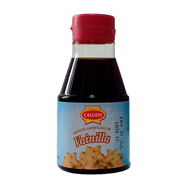 Esencia artificial de vainilla Callieri en envases de 30cc, 150cc y botella de 1 litro.