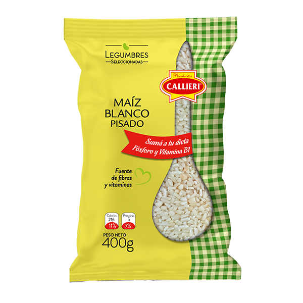Maíz blanco pisado Callieri ideal para locros, mazamorra y harinas caseras.
