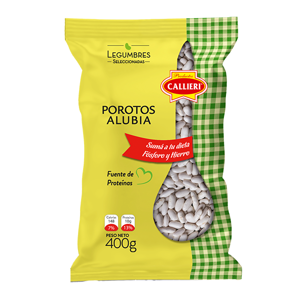 Porotos Alubia Callieri secos en envases para el hogar y el sector gastronómico.