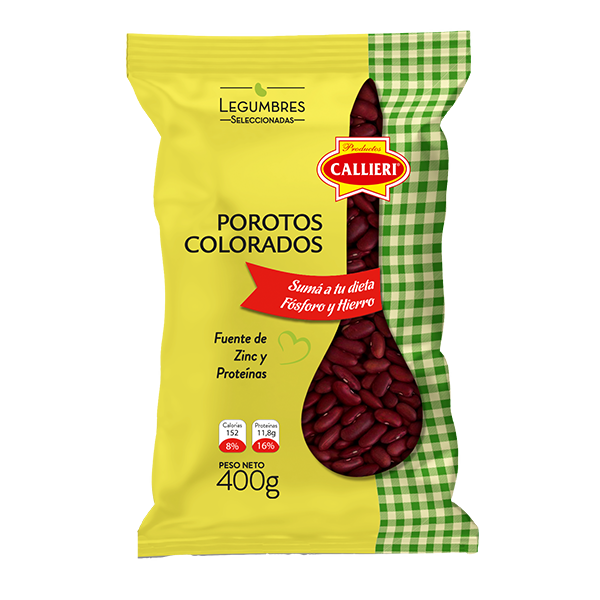 Porotos Colorados Callieri en envases para consumidores finales y gastronómicos.