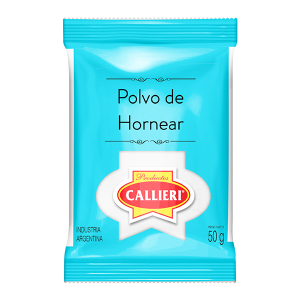Polvo de hornear Callieri en sobre de 50g y paquete de 1kg.