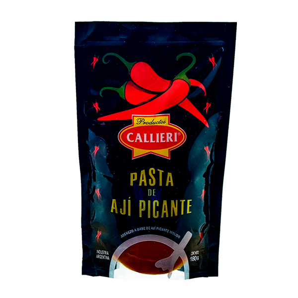 Pasta de Ají Picante Callieri en envase individual de 180g y pack por 9 unidades.