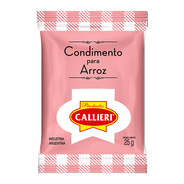 Condimento para arroz Callieri en sobre de 25g y paquete de 500g.
