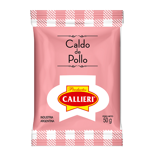 Caldo de pollo Callieri en sobre de 50g y paquete de 1kg.