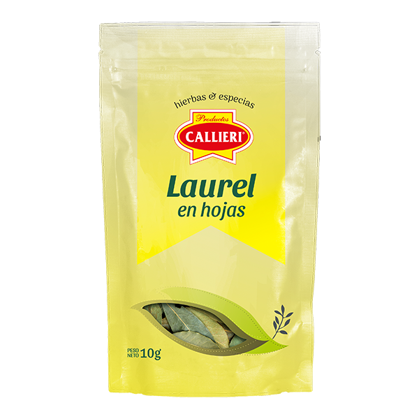 Laurel en hojas Callieri en envase ZIP de 10g y paquete de 500g.