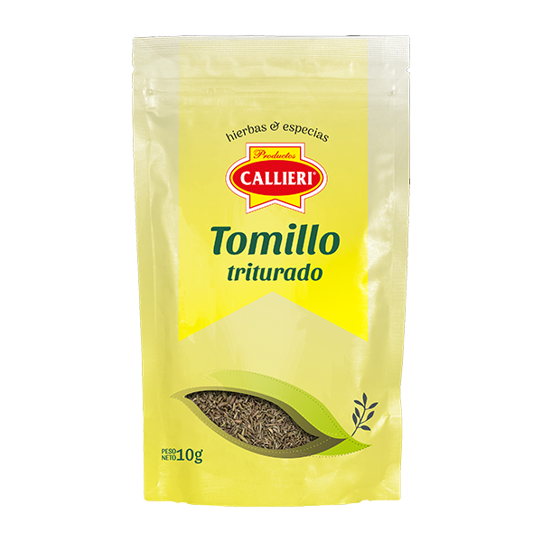 Tomillo triturado Callieri en envase ZIP de 10g y paquete de 500g.