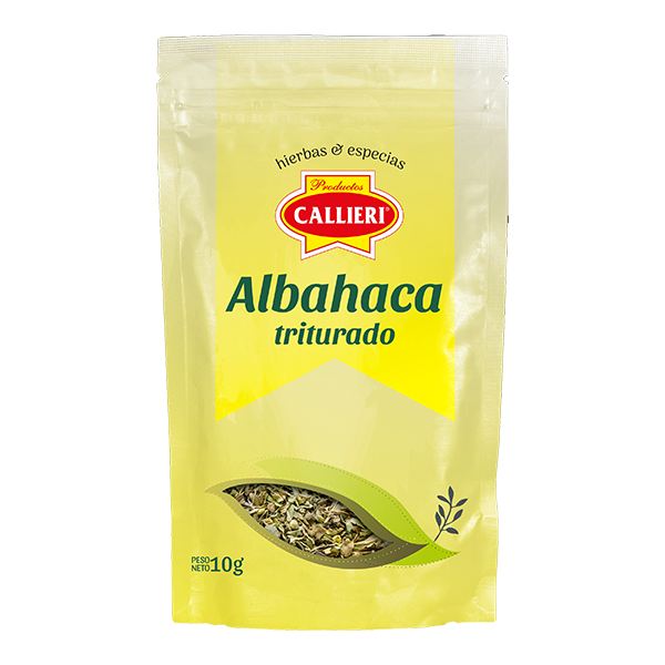 Albahaca deshidratada Callieri en envase ZIP de 10g y paquete de 500g.