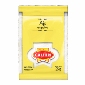 Ajo en polvo Callieri en presentaciones para consumo hogareño y uso profesional.