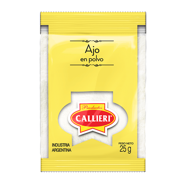 Ajo en polvo Callieri en presentaciones para consumo hogareño y uso profesional.