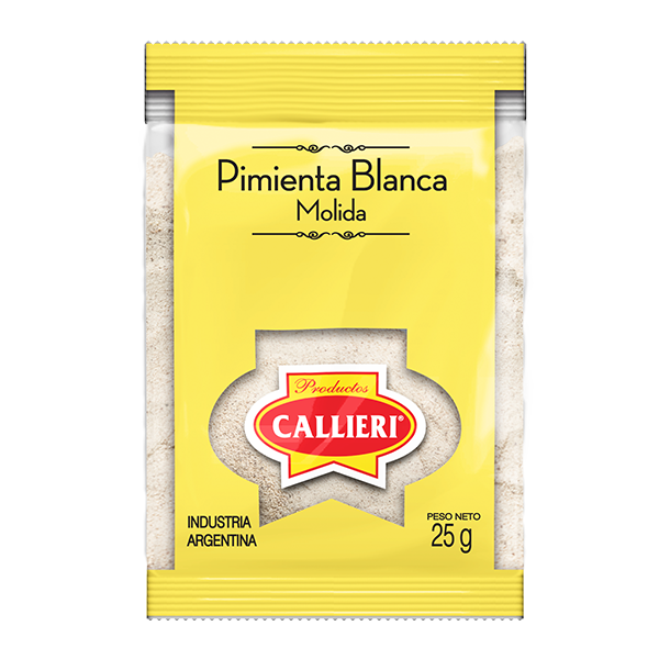 Pimienta blanca molida Callieri en presentaciones domésticas y a granel.