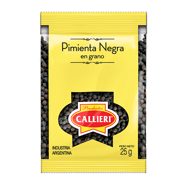 Pimienta negra en grano Callieri, en bolsas y envases para uso profesional o doméstico.