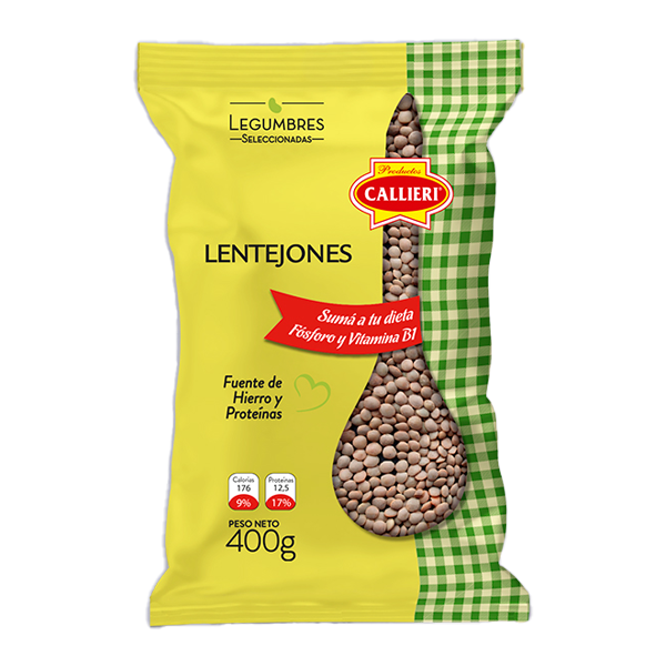 Lentejones Callieri de grano grande en envases para consumo familiar e industrial.