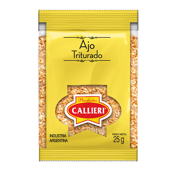 Ajo triturado Callieri deshidratado en envase pequeño y en formato a granel.